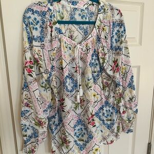 Boho Floral Tie-Front Women's Peasant Top in White and Pastels